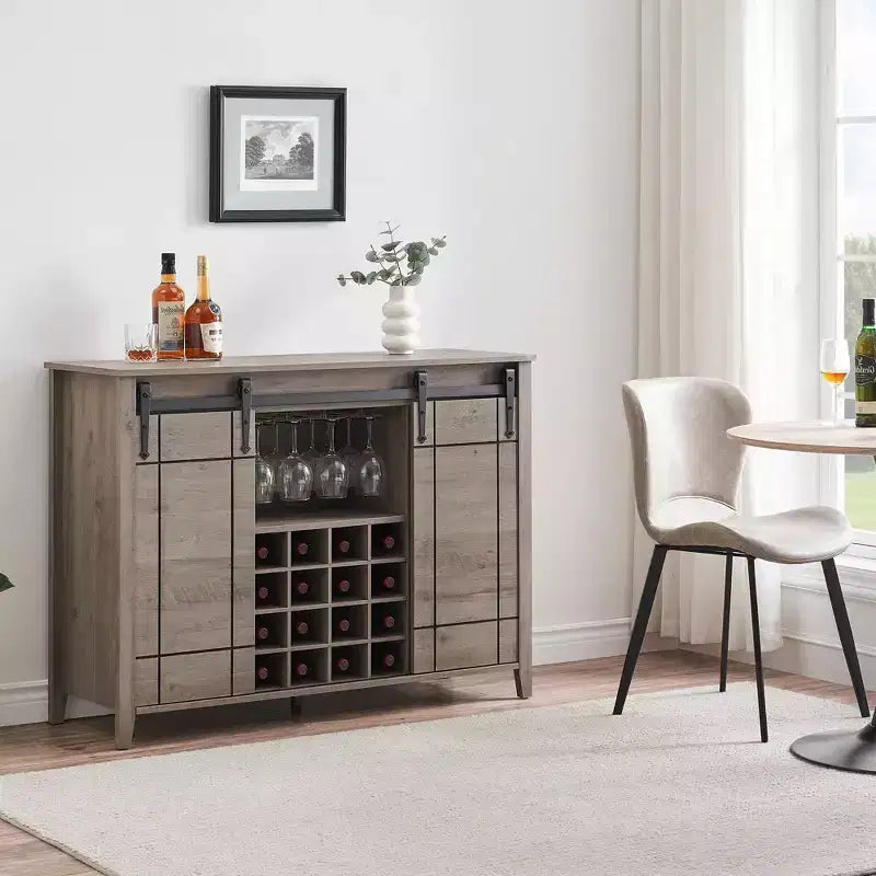 Mobile Bar con Ante Scorrevoli Stile Fienile, 2 Ante, Rovere Rustico Scuro / Rovere Rustico Chiaro / Bianco, Contiene 16 Bottiglie di Vino