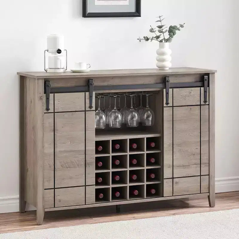 Mobile Bar con Ante Scorrevoli Stile Fienile, 2 Ante, Rovere Rustico Scuro / Rovere Rustico Chiaro / Bianco, Contiene 16 Bottiglie di Vino