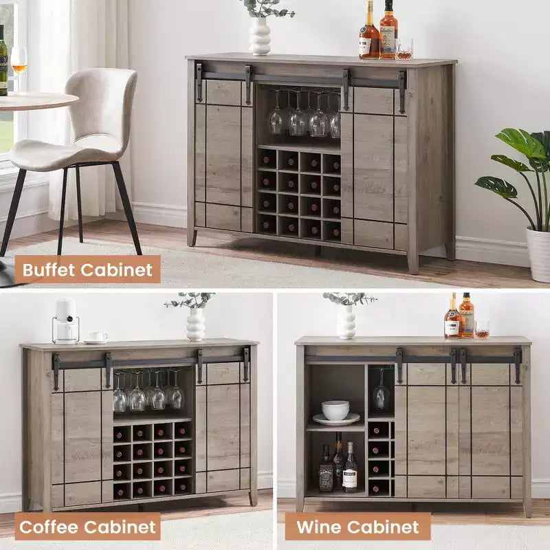 Mobile Bar con Ante Scorrevoli Stile Fienile, 2 Ante, Rovere Rustico Scuro / Rovere Rustico Chiaro / Bianco, Contiene 16 Bottiglie di Vino