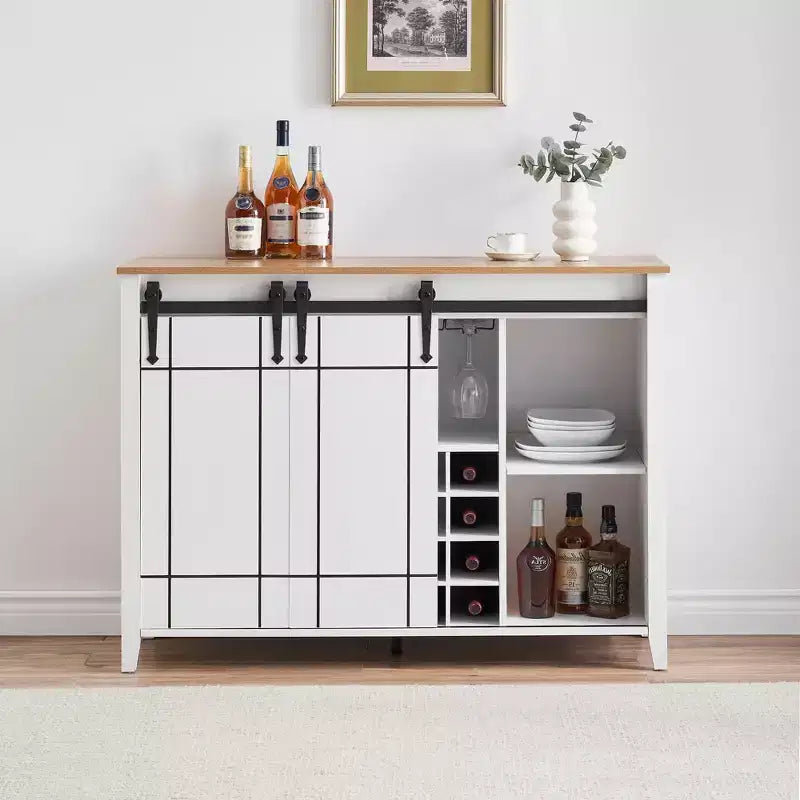 Mobile Bar con Ante Scorrevoli Stile Fienile, 2 Ante, Rovere Rustico Scuro / Rovere Rustico Chiaro / Bianco, Contiene 16 Bottiglie di Vino