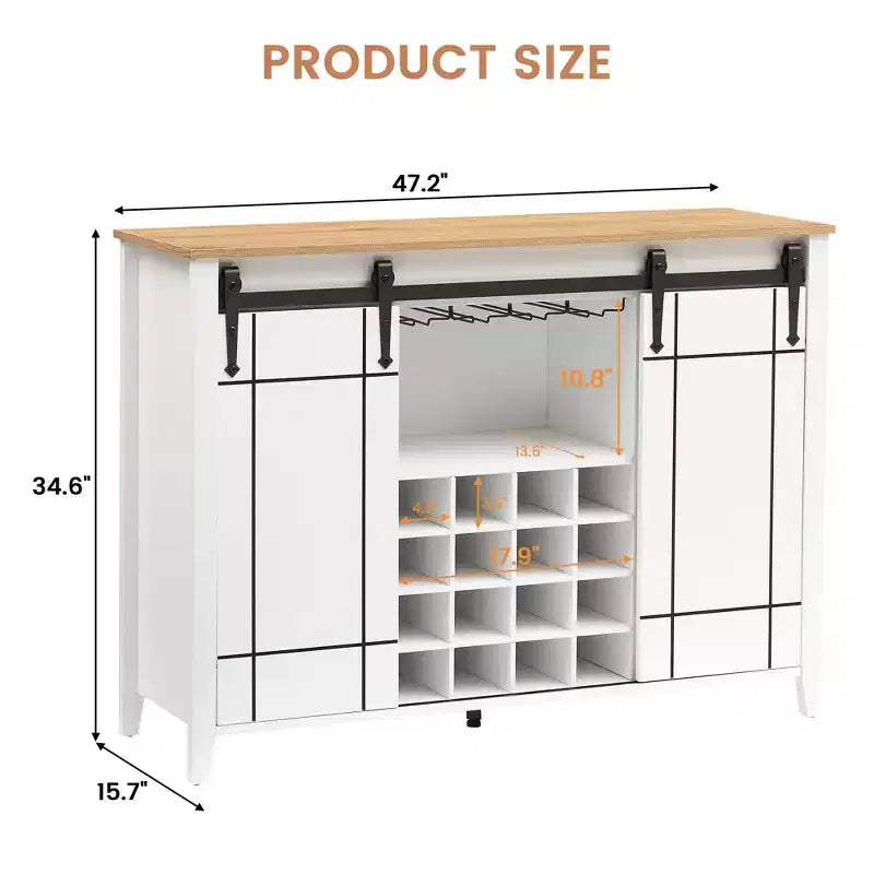Mobile Bar con Ante Scorrevoli Stile Fienile, 2 Ante, Rovere Rustico Scuro / Rovere Rustico Chiaro / Bianco, Contiene 16 Bottiglie di Vino
