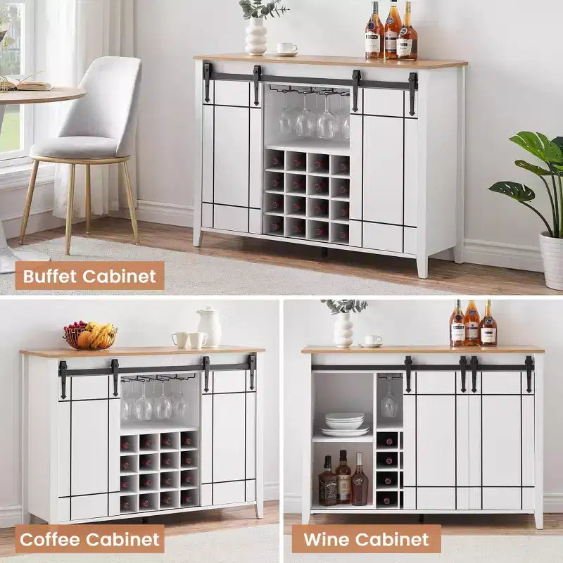 Mobile Bar con Ante Scorrevoli Stile Fienile, 2 Ante, Rovere Rustico Scuro / Rovere Rustico Chiaro / Bianco, Contiene 16 Bottiglie di Vino