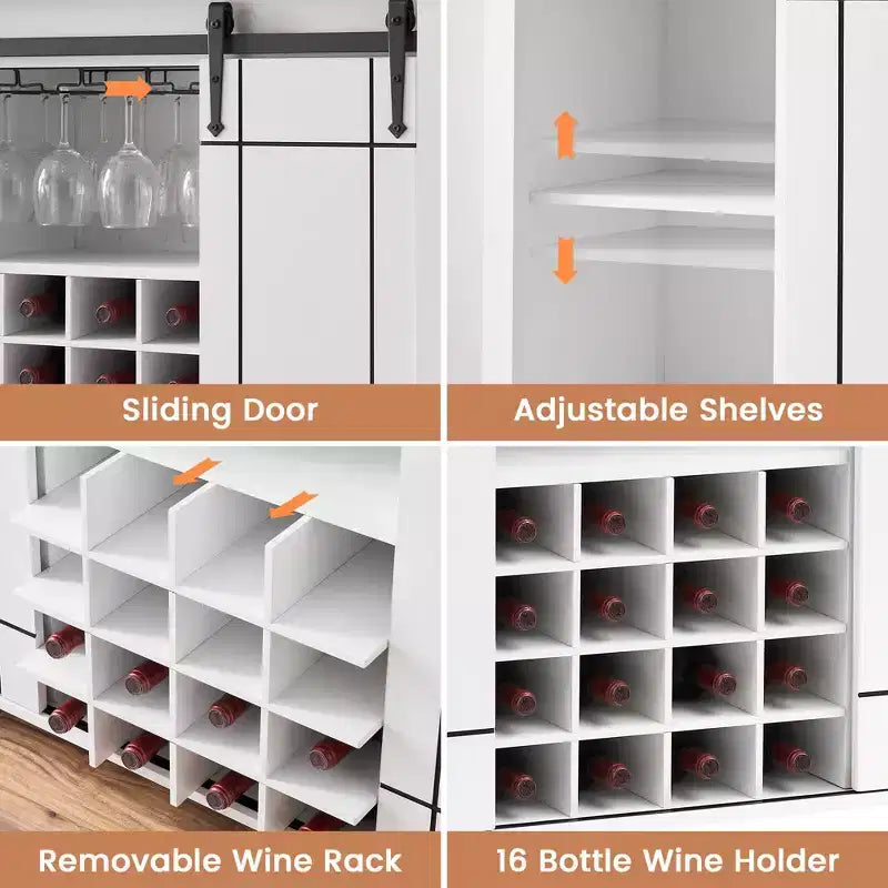Mobile Bar con Ante Scorrevoli Stile Fienile, 2 Ante, Rovere Rustico Scuro / Rovere Rustico Chiaro / Bianco, Contiene 16 Bottiglie di Vino