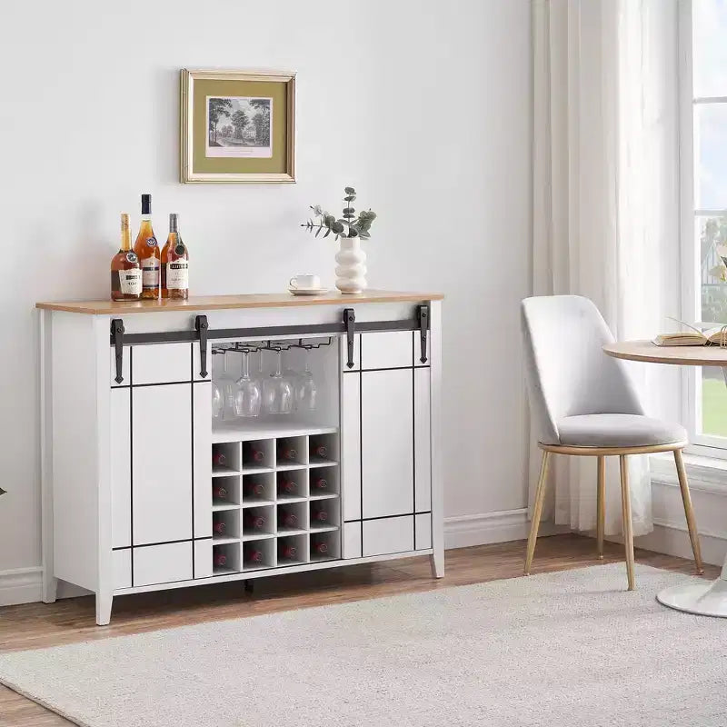 Mobile Bar con Ante Scorrevoli Stile Fienile, 2 Ante, Rovere Rustico Scuro / Rovere Rustico Chiaro / Bianco, Contiene 16 Bottiglie di Vino
