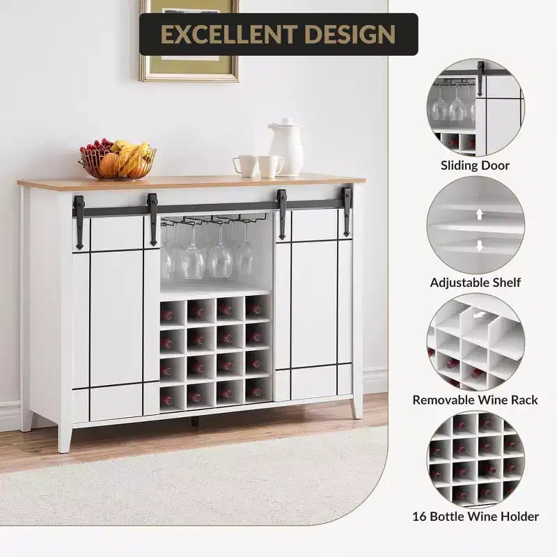 Mobile Bar con Ante Scorrevoli Stile Fienile, 2 Ante, Rovere Rustico Scuro / Rovere Rustico Chiaro / Bianco, Contiene 16 Bottiglie di Vino
