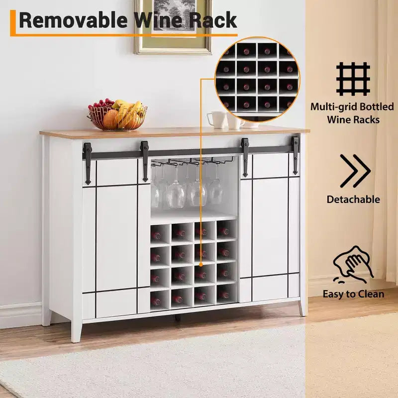 Mobile Bar con Ante Scorrevoli Stile Fienile, 2 Ante, Rovere Rustico Scuro / Rovere Rustico Chiaro / Bianco, Contiene 16 Bottiglie di Vino