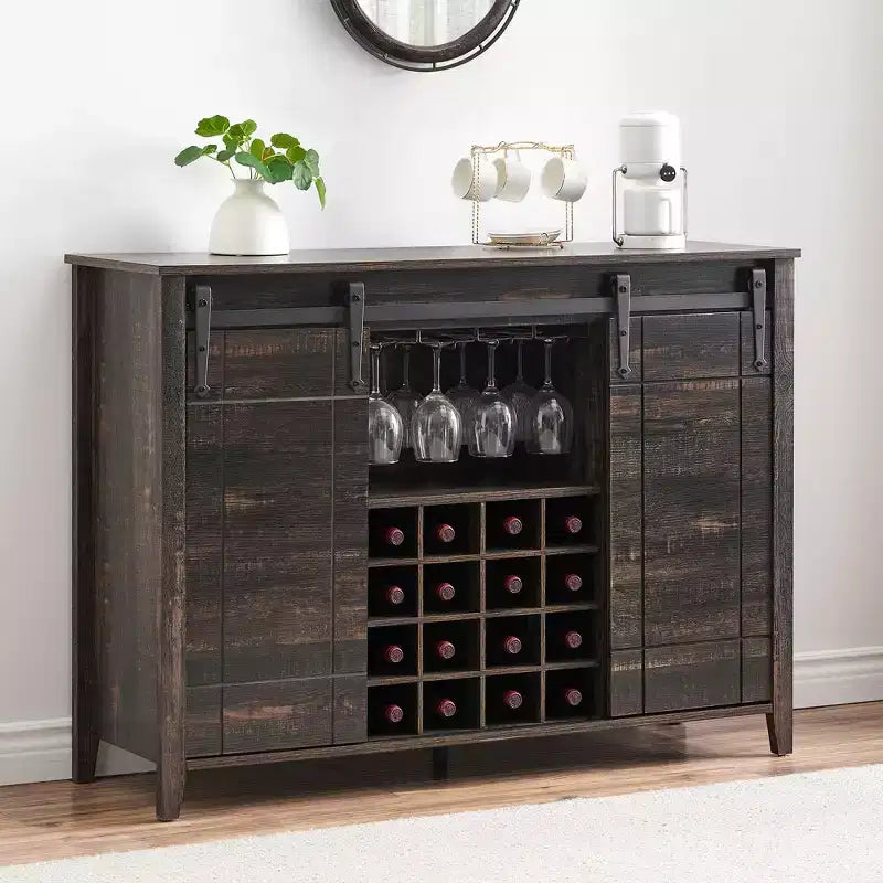 Mobile Bar con Ante Scorrevoli Stile Fienile, 2 Ante, Rovere Rustico Scuro / Rovere Rustico Chiaro / Bianco, Contiene 16 Bottiglie di Vino