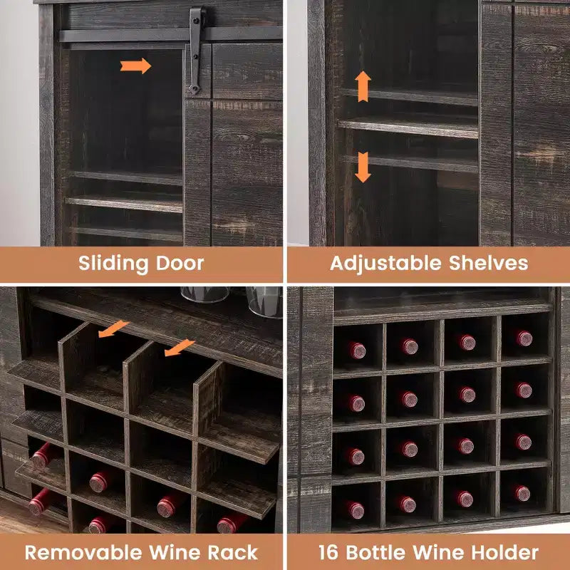 Mobile Bar con Ante Scorrevoli Stile Fienile, 2 Ante, Rovere Rustico Scuro / Rovere Rustico Chiaro / Bianco, Contiene 16 Bottiglie di Vino