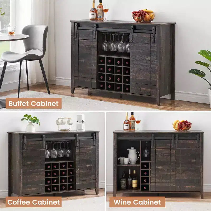 Mobile Bar con Ante Scorrevoli Stile Fienile, 2 Ante, Rovere Rustico Scuro / Rovere Rustico Chiaro / Bianco, Contiene 16 Bottiglie di Vino