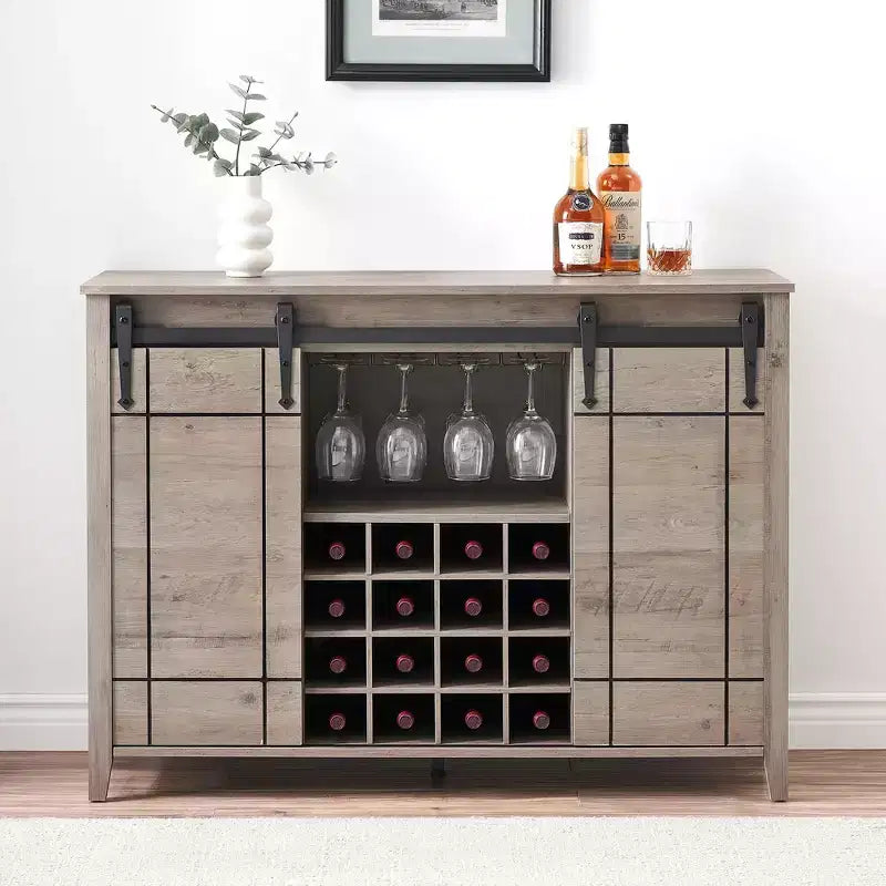 Mobile Bar con Ante Scorrevoli Stile Fienile, 2 Ante, Rovere Rustico Scuro / Rovere Rustico Chiaro / Bianco, Contiene 16 Bottiglie di Vino