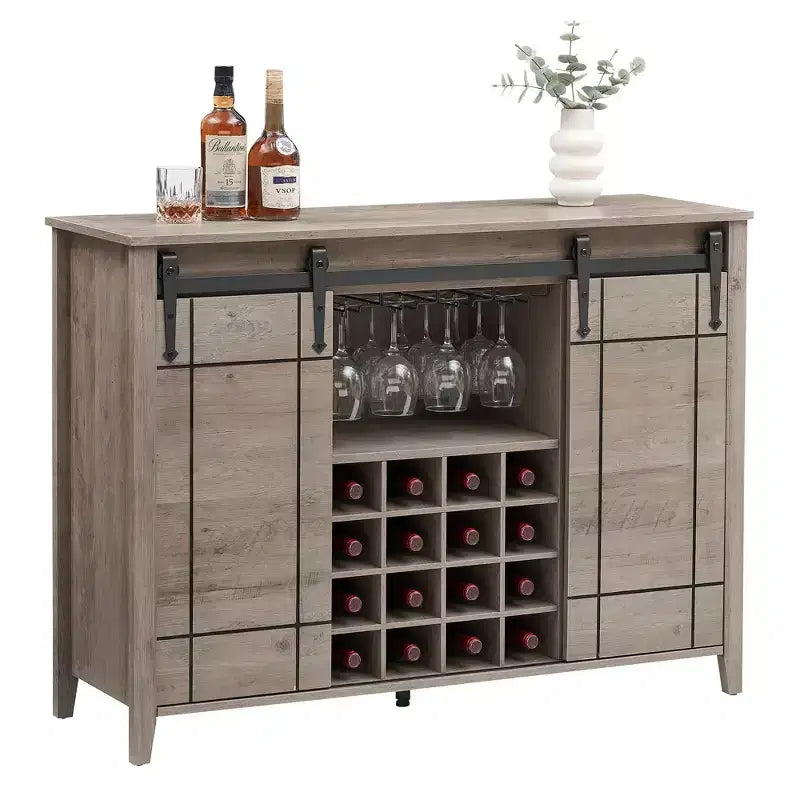 Mobile Bar con Ante Scorrevoli Stile Fienile, 2 Ante, Rovere Rustico Scuro / Rovere Rustico Chiaro / Bianco, Contiene 16 Bottiglie di Vino