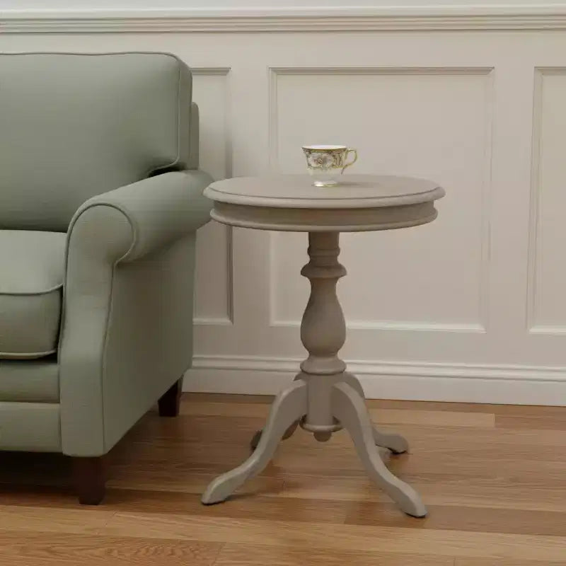 Tavolino d'appoggio rotondo grigio con piedistallo, stile rustico, singolo