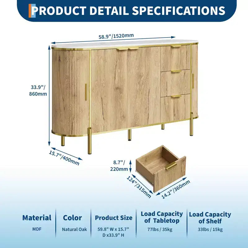 Madia/Credenza in Legno Scanalato Blu/Marrone con 2 Ante, 3 Cassetti e Ripiano Regolabile – Montaggio per 1 Persona