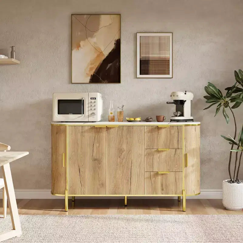 Madia/Credenza in Legno Scanalato Blu/Marrone con 2 Ante, 3 Cassetti e Ripiano Regolabile – Montaggio per 1 Persona