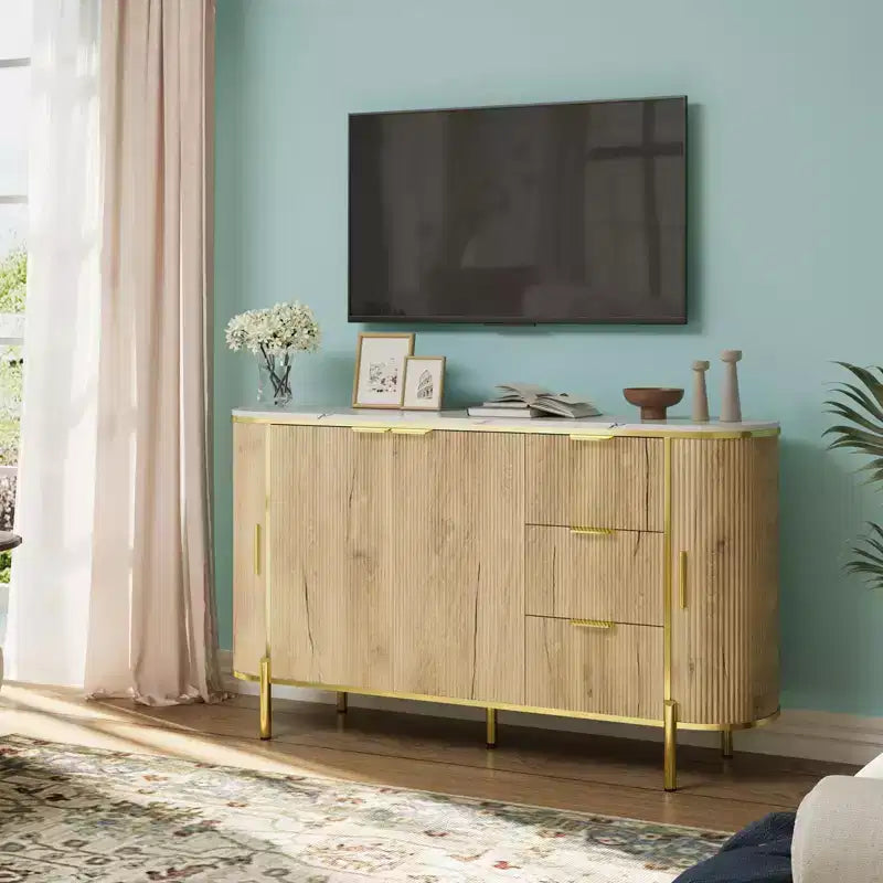 Madia/Credenza in Legno Scanalato Blu/Marrone con 2 Ante, 3 Cassetti e Ripiano Regolabile – Montaggio per 1 Persona
