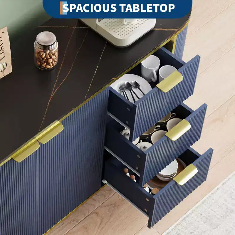 Madia/Credenza in Legno Scanalato Blu/Marrone con 2 Ante, 3 Cassetti e Ripiano Regolabile – Montaggio per 1 Persona
