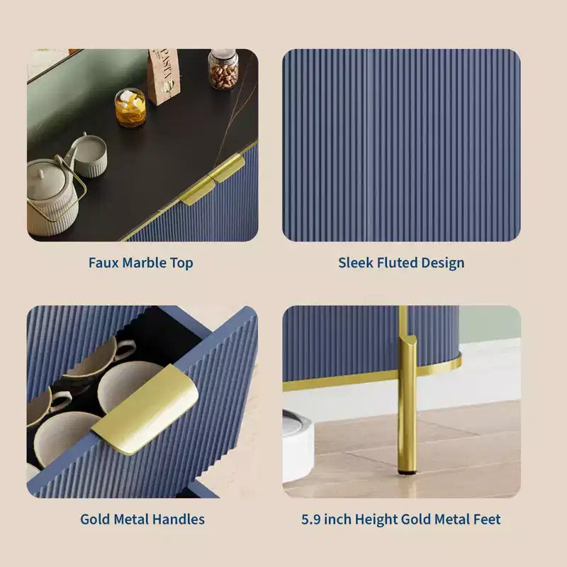 Madia/Credenza in Legno Scanalato Blu/Marrone con 2 Ante, 3 Cassetti e Ripiano Regolabile – Montaggio per 1 Persona