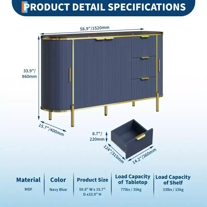 Madia/Credenza in Legno Scanalato Blu/Marrone con 2 Ante, 3 Cassetti e Ripiano Regolabile – Montaggio per 1 Persona