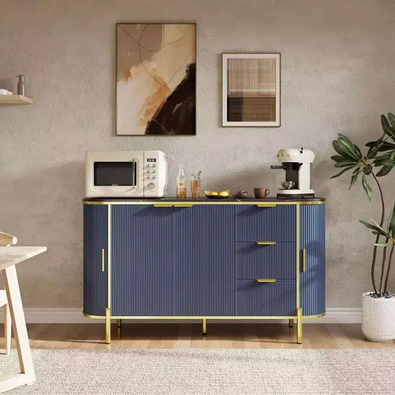 Madia/Credenza in Legno Scanalato Blu/Marrone con 2 Ante, 3 Cassetti e Ripiano Regolabile – Montaggio per 1 Persona