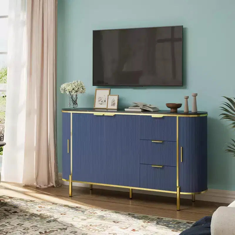 Madia/Credenza in Legno Scanalato Blu/Marrone con 2 Ante, 3 Cassetti e Ripiano Regolabile – Montaggio per 1 Persona