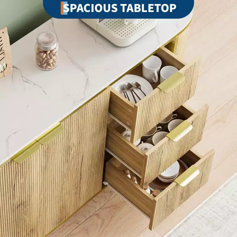 Madia/Credenza in Legno Scanalato Blu/Marrone con 2 Ante, 3 Cassetti e Ripiano Regolabile – Montaggio per 1 Persona
