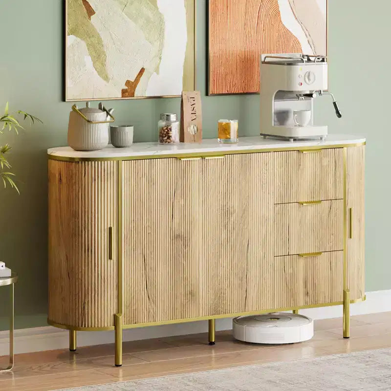 Madia/Credenza in Legno Scanalato Blu/Marrone con 2 Ante, 3 Cassetti e Ripiano Regolabile – Montaggio per 1 Persona