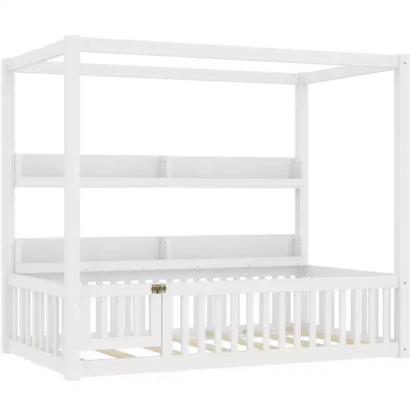 Letto a baldacchino con porta e mensole Light White / Naturale, Twin/Full, 1 bambino