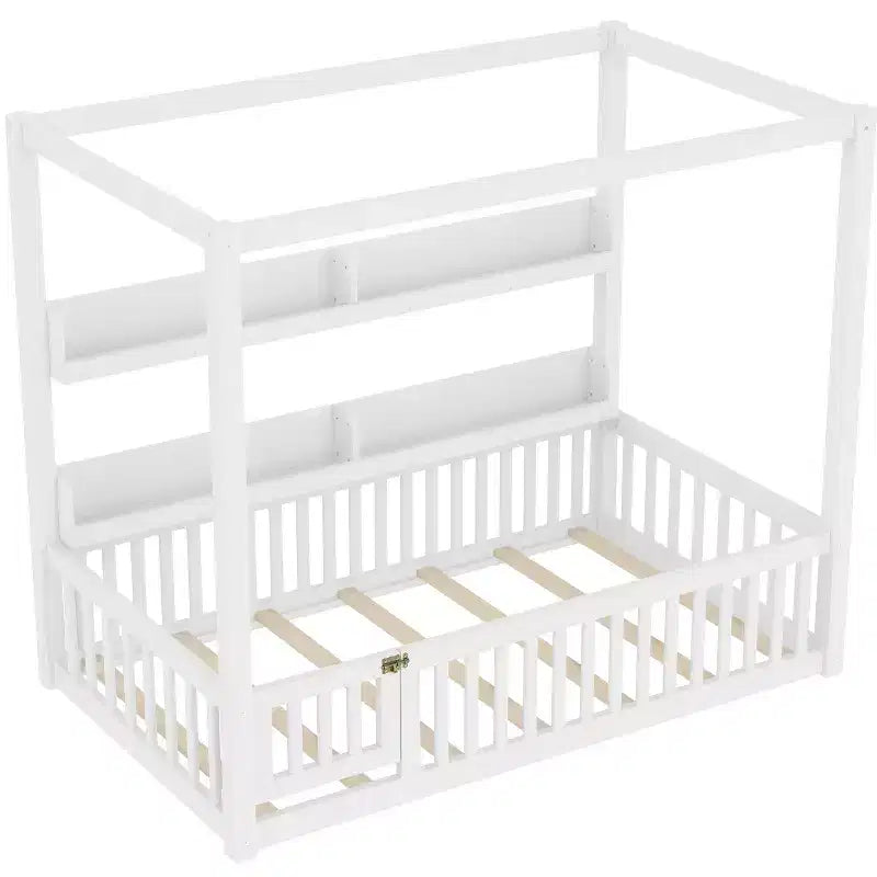 Letto a baldacchino con porta e mensole Light White / Naturale, Twin/Full, 1 bambino