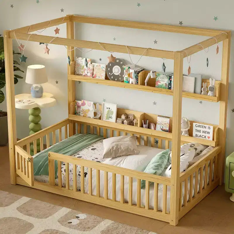 Letto a baldacchino con porta e mensole Light White / Naturale, Twin/Full, 1 bambino