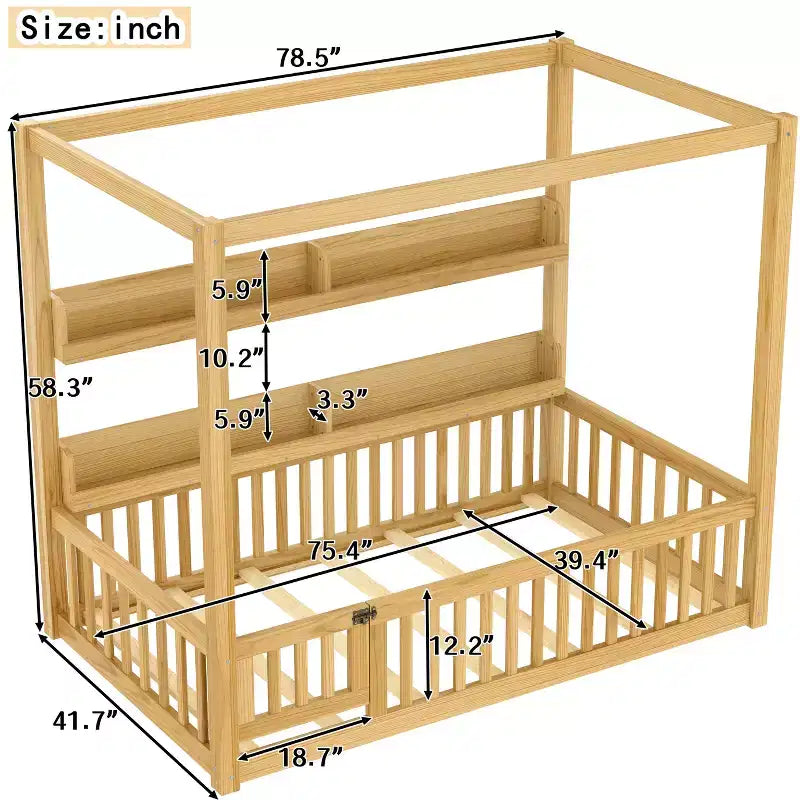 Letto a baldacchino con porta e mensole Light White / Naturale, Twin/Full, 1 bambino