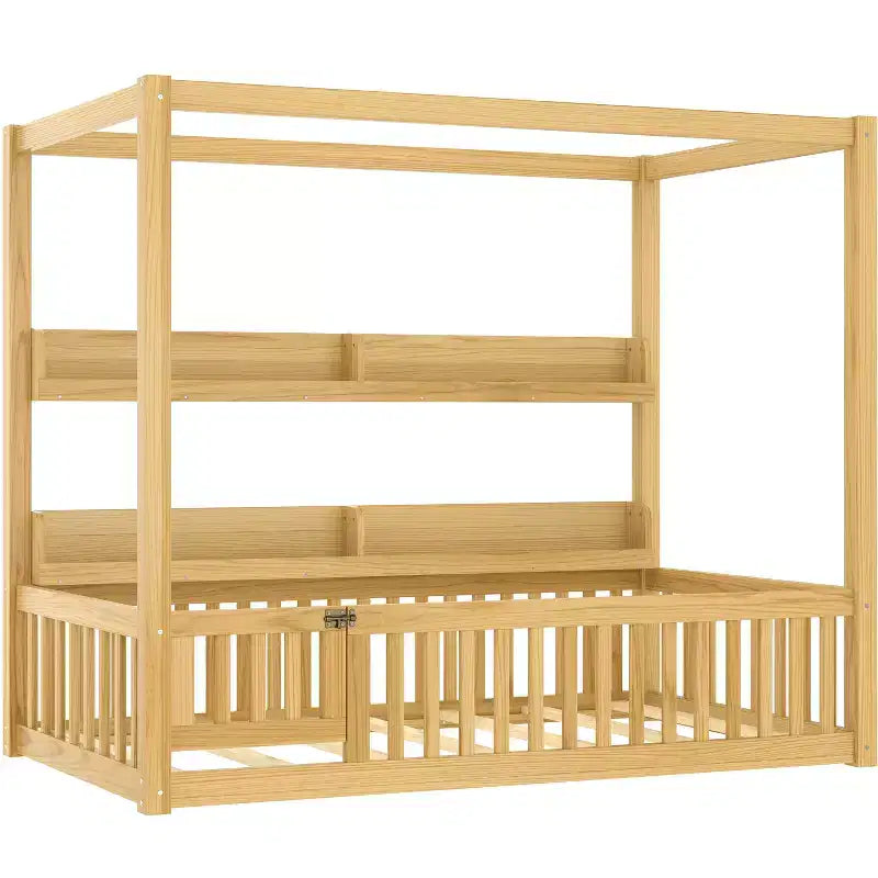 Letto a baldacchino con porta e mensole Light White / Naturale, Twin/Full, 1 bambino