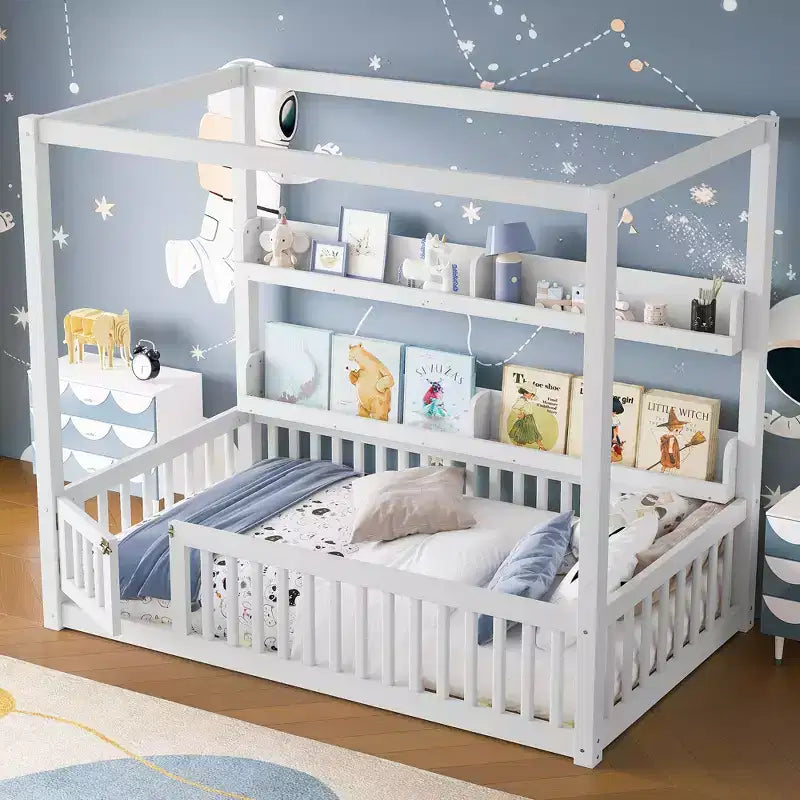 Letto a baldacchino con porta e mensole Light White / Naturale, Twin/Full, 1 bambino