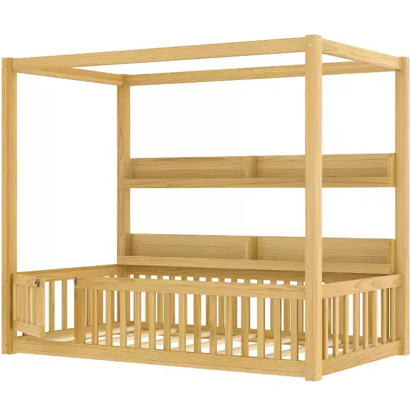 Letto a baldacchino con porta e mensole Light White / Naturale, Twin/Full, 1 bambino