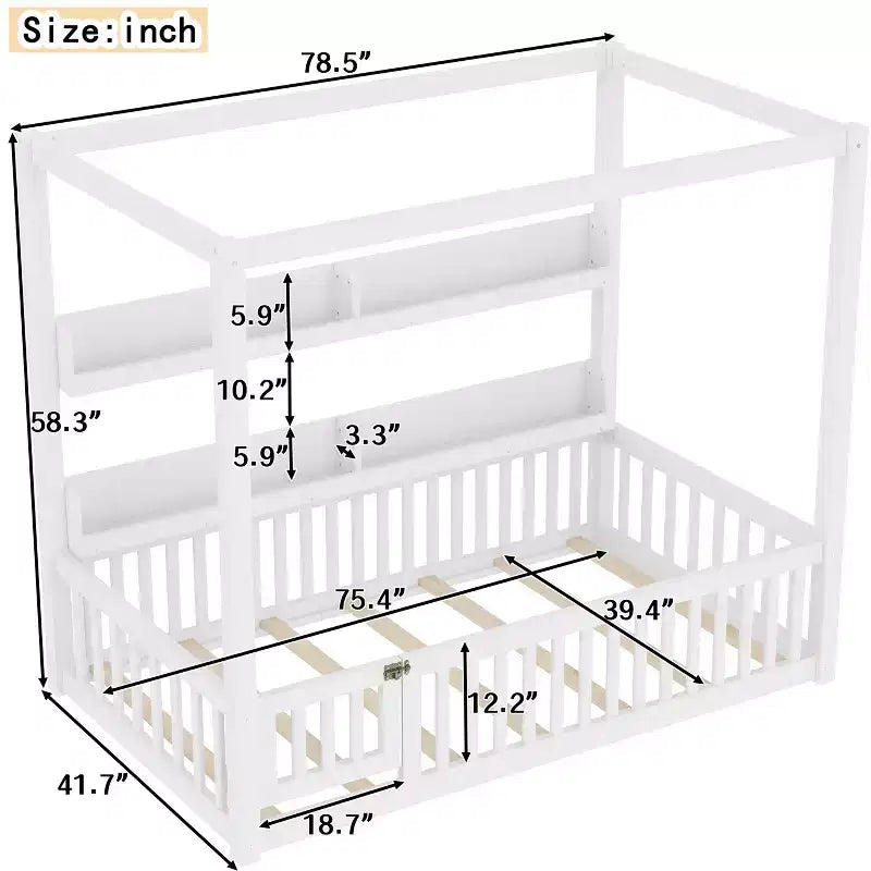Letto a baldacchino con porta e mensole Light White / Naturale, Twin/Full, 1 bambino
