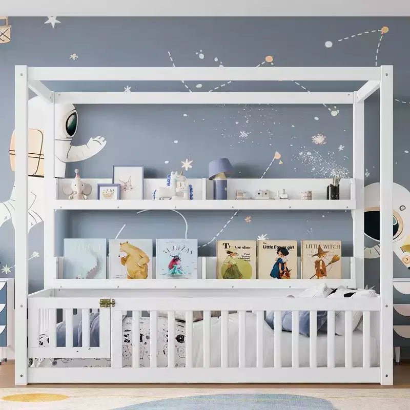 Letto a baldacchino con porta e mensole Light White / Naturale, Twin/Full, 1 bambino