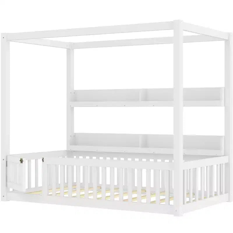 Letto a baldacchino con porta e mensole Light White / Naturale, Twin/Full, 1 bambino