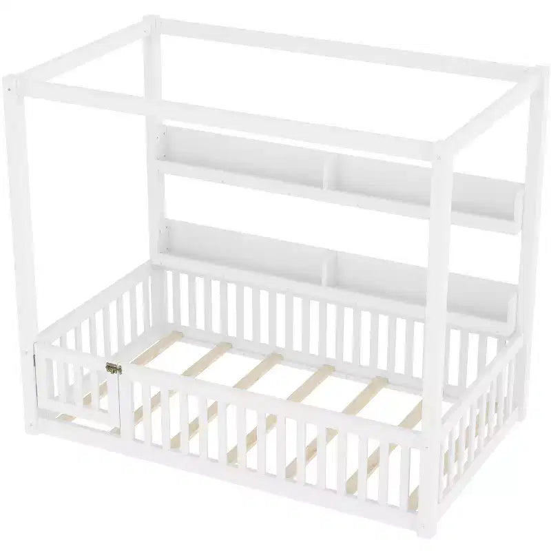 Letto a baldacchino con porta e mensole Light White / Naturale, Twin/Full, 1 bambino