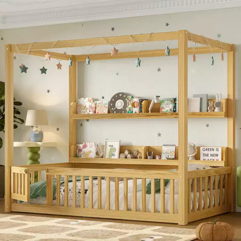 Letto a baldacchino con porta e mensole Light White / Naturale, Twin/Full, 1 bambino