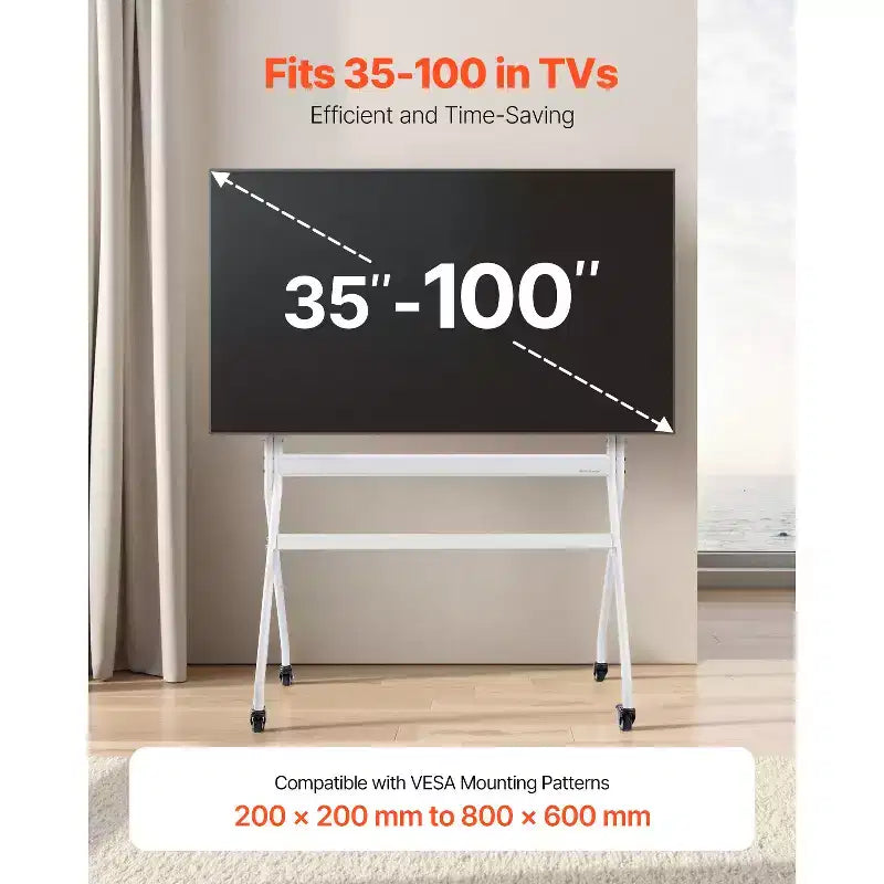 Supporto TV bianco su ruote, struttura in metallo, adatto per TV da 35 a 100 pollici, montaggio da 1 persona