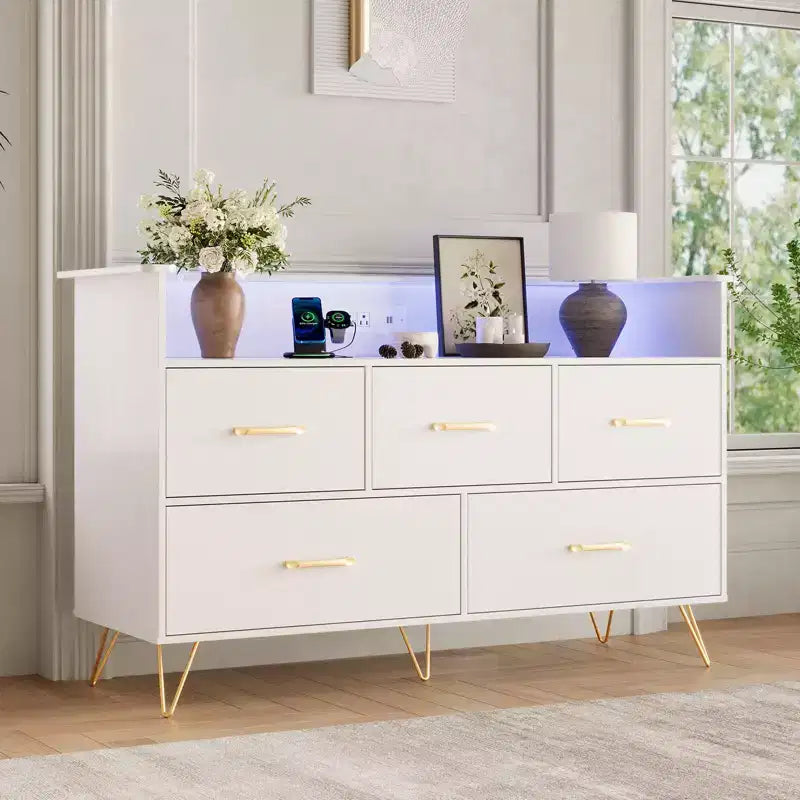 Modern Dresser for Bedroom, Wooden Dresser Storage Cabinet with LED Lights & Charging Station, White Chest of Drawers for Closet, Hallway, Entryway