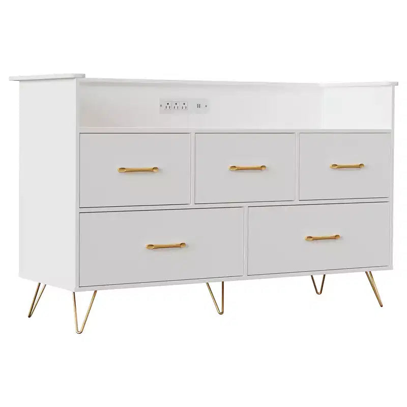 Comò a 5 cassetti bianco con luci LED e stazione di ricarica, stile moderno