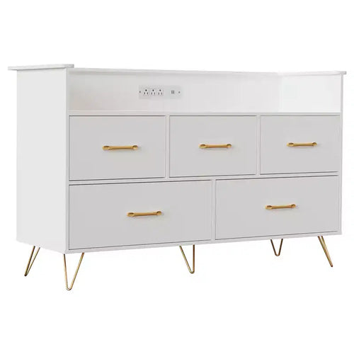 Comò a 5 cassetti bianco con luci LED e stazione di ricarica, stile moderno