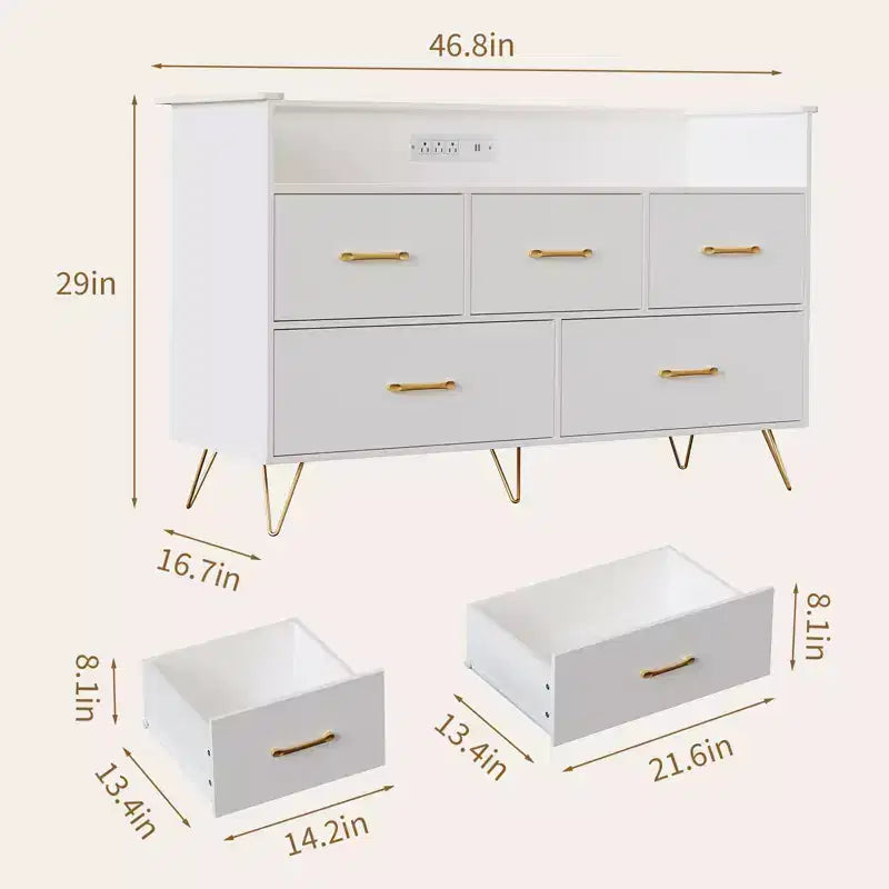 Comò a 5 cassetti bianco con luci LED e stazione di ricarica, stile moderno
