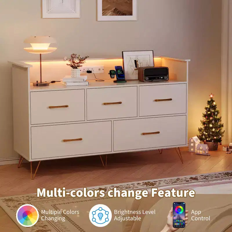 Comò a 5 cassetti bianco con luci LED e stazione di ricarica, stile moderno