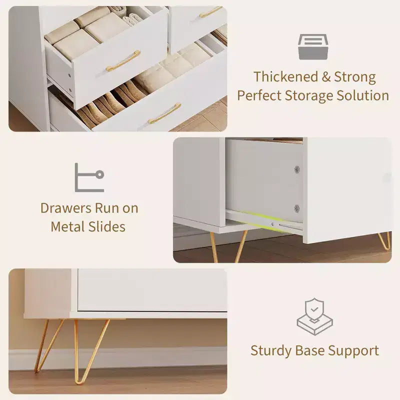 Comò a 5 cassetti bianco con luci LED e stazione di ricarica, stile moderno