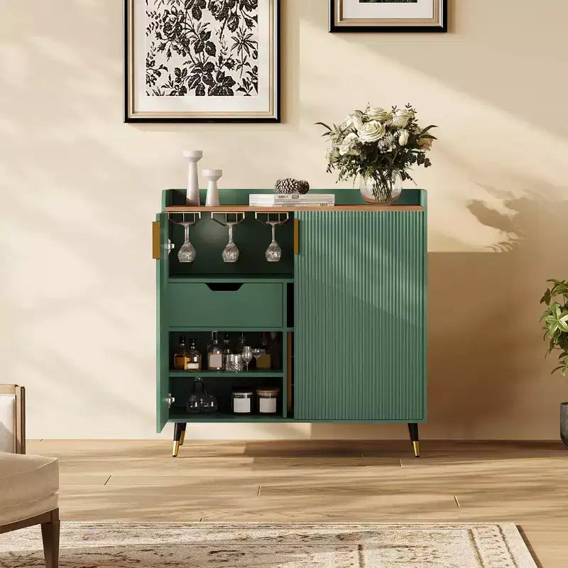Mobile Bar - Nero/Verde, anta a doghe, capienza 9 bottiglie e 6 calici