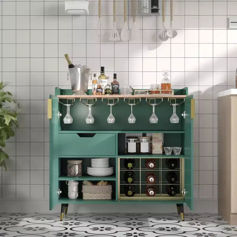 Mobile Bar - Nero/Verde, anta a doghe, capienza 9 bottiglie e 6 calici