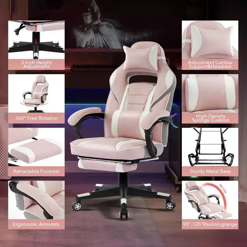 Sedia Gaming e Ufficio Nera / Rosa con Schienale Alto e Poggiapiedi – 1 Posto