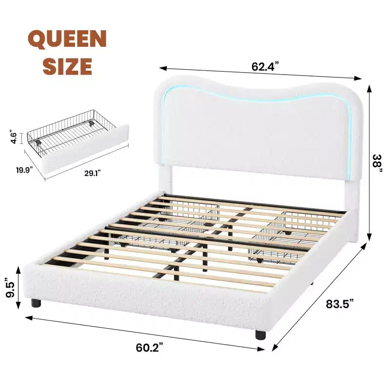 Letto a piattaforma singolo imbottito bianco con testiera a LED RGB e 2 cassetti portaoggetti, per 1 persona