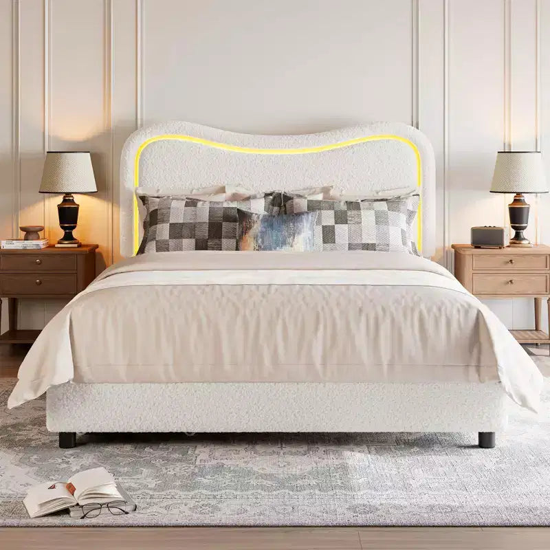 Letto a piattaforma singolo imbottito bianco con testiera a LED RGB e 2 cassetti portaoggetti, per 1 persona